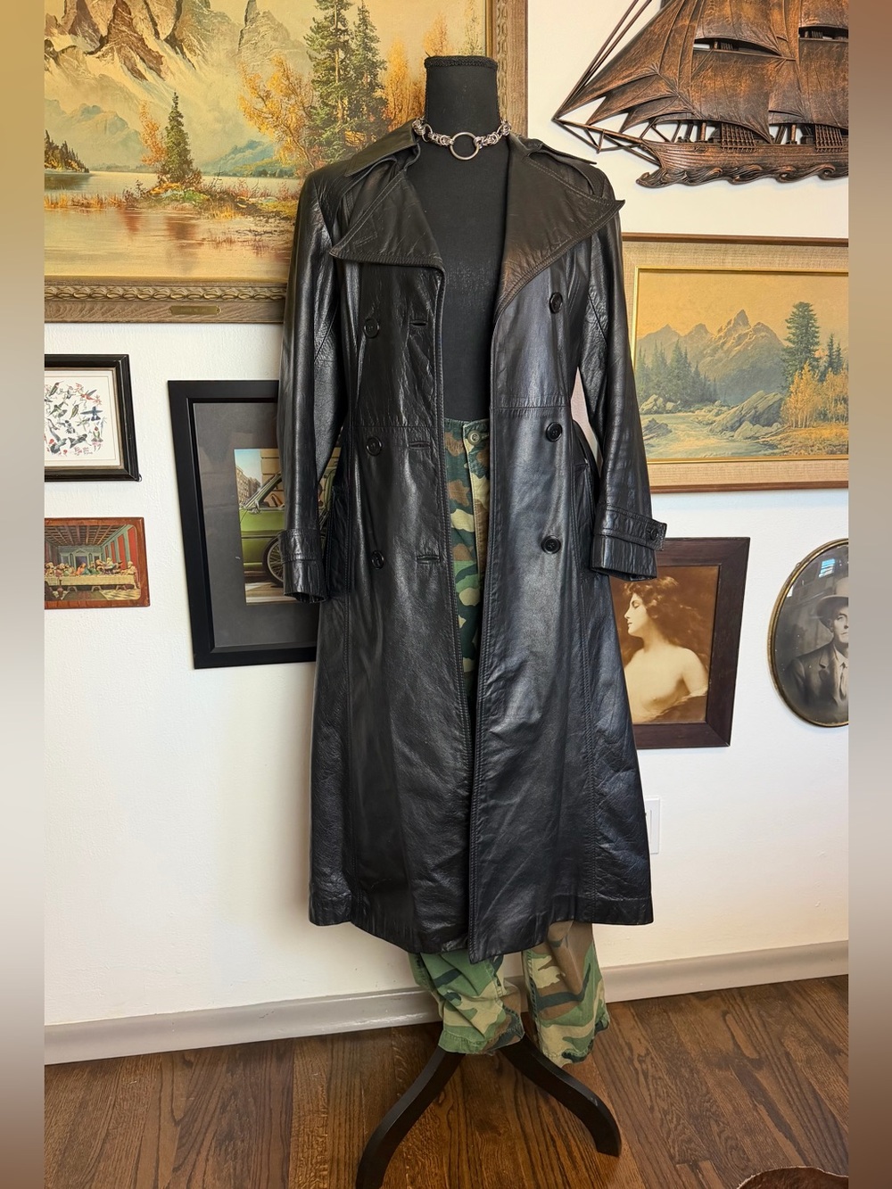 Vintage 1970s-80s Black Leather Belted Trench Coat XS-S - Picture 3 of 15